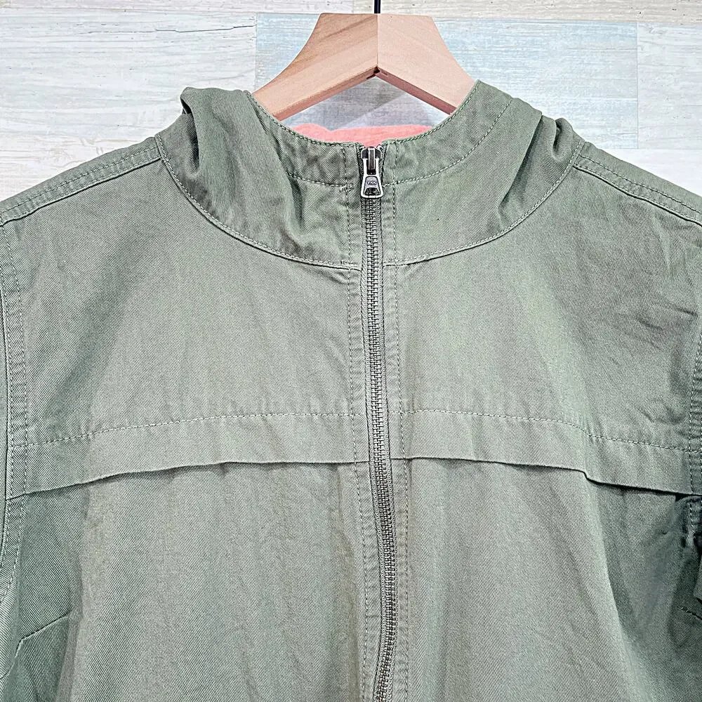 Columbia Hooded Utility Jacket Green Full Zip Pockets Cotton Twill Womens Medium - Picture 2 of 7